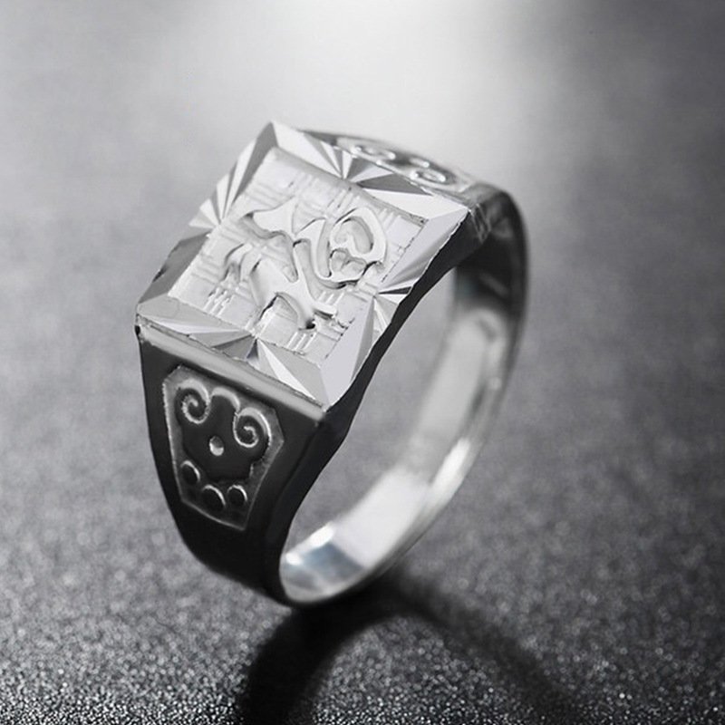 Fu word 925 silver ring men's opening type adjustable large domineering retro personality single domineering ring