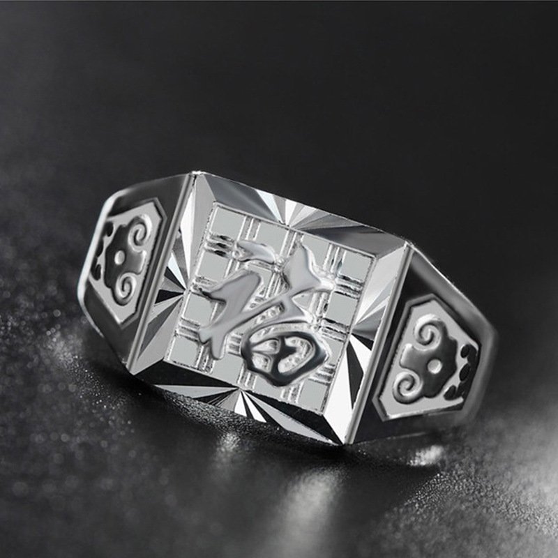 Fu word 925 silver ring men's opening type adjustable large domineering retro personality single domineering ring