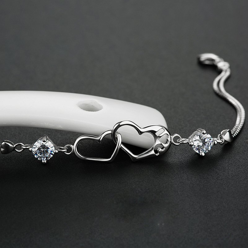 925 Fashion Silver Simple Happiness Signal Heart Shape 925 Bracelet Double Heart Shape Cupronickel Platinum