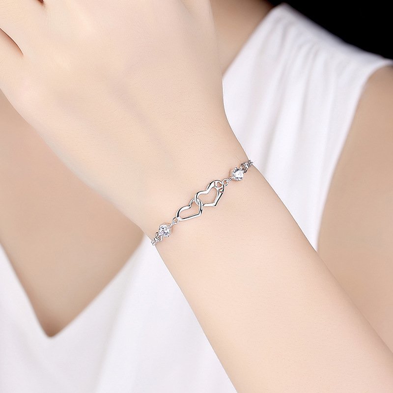 925 Fashion Silver Simple Happiness Signal Heart Shape 925 Bracelet Double Heart Shape Cupronickel Platinum