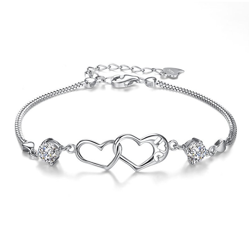 925 Fashion Silver Simple Happiness Signal Heart Shape 925 Bracelet Double Heart Shape Cupronickel Platinum