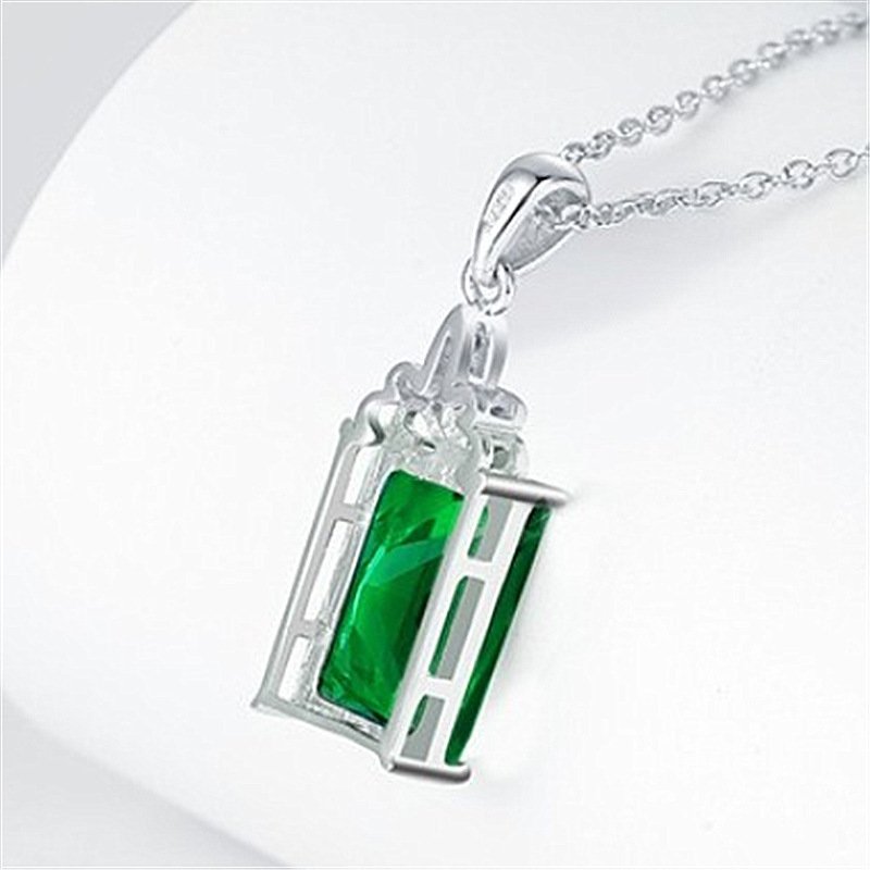 Emerald Square Pendant Silver 18K White Gold Tourmaline Colorful Gemstone Necklace Ladies Clavicle Chain Gift