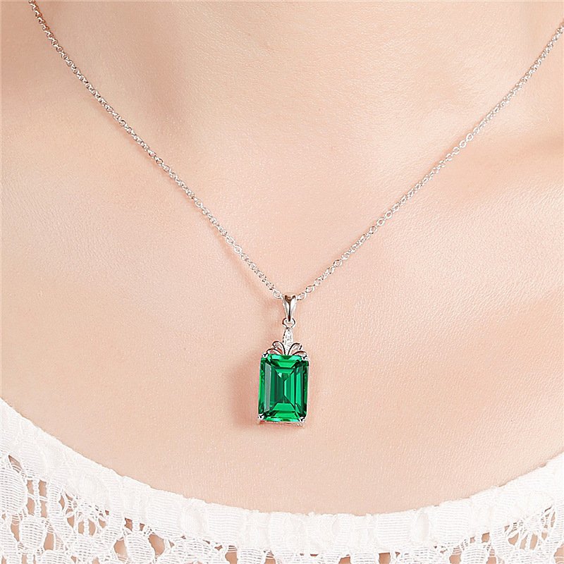 Emerald Square Pendant Silver 18K White Gold Tourmaline Colorful Gemstone Necklace Ladies Clavicle Chain Gift