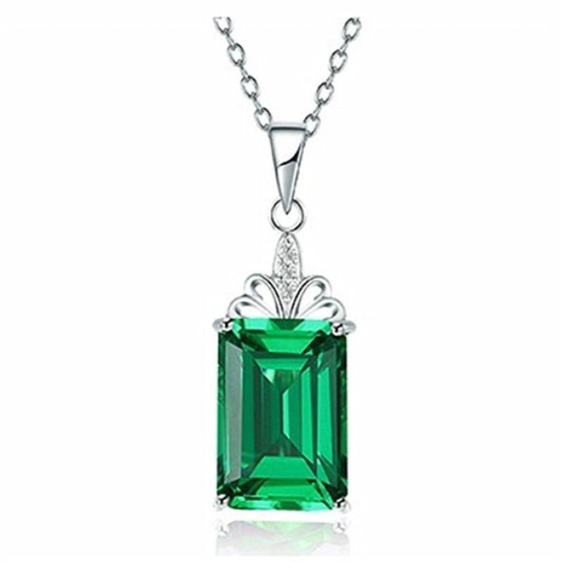 Emerald Square Pendant Silver 18K White Gold Tourmaline Colorful Gemstone Necklace Ladies Clavicle Chain Gift