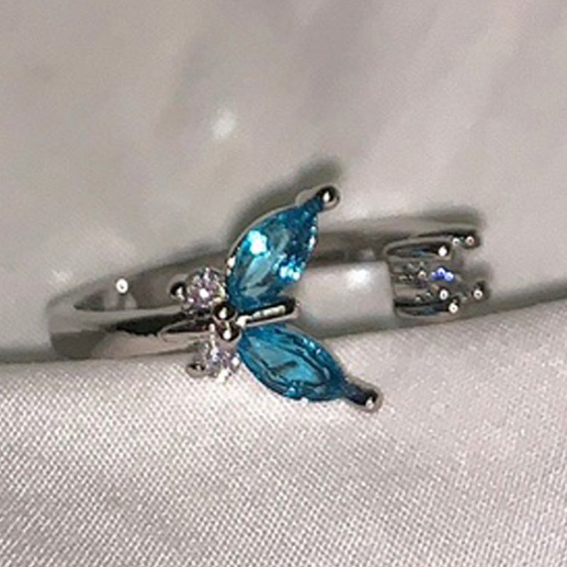 18k white gold light blue diamond horse eye butterfly ring small fresh and sweet opening female ring student jewelry