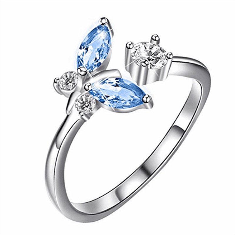 18k white gold light blue diamond horse eye butterfly ring small fresh and sweet opening female ring student jewelry