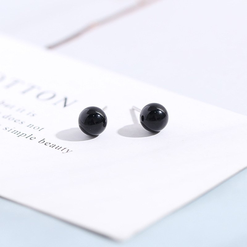 925 tremella earrings black agate small ball female earrings round simple retro earrings personalized earrings