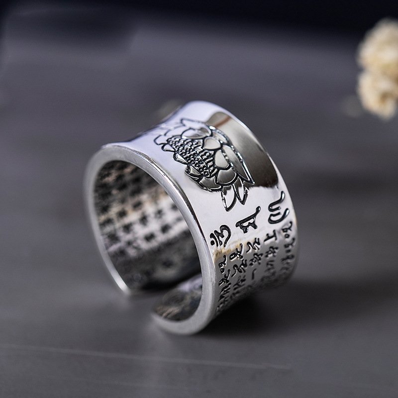 Six-character heart sutra lotus ring wide ring for men and women retro Thai silver ethnic open ring