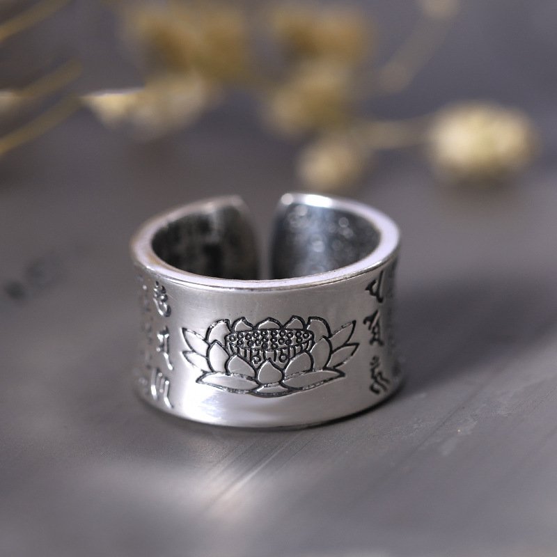 Six-character heart sutra lotus ring wide ring for men and women retro Thai silver ethnic open ring