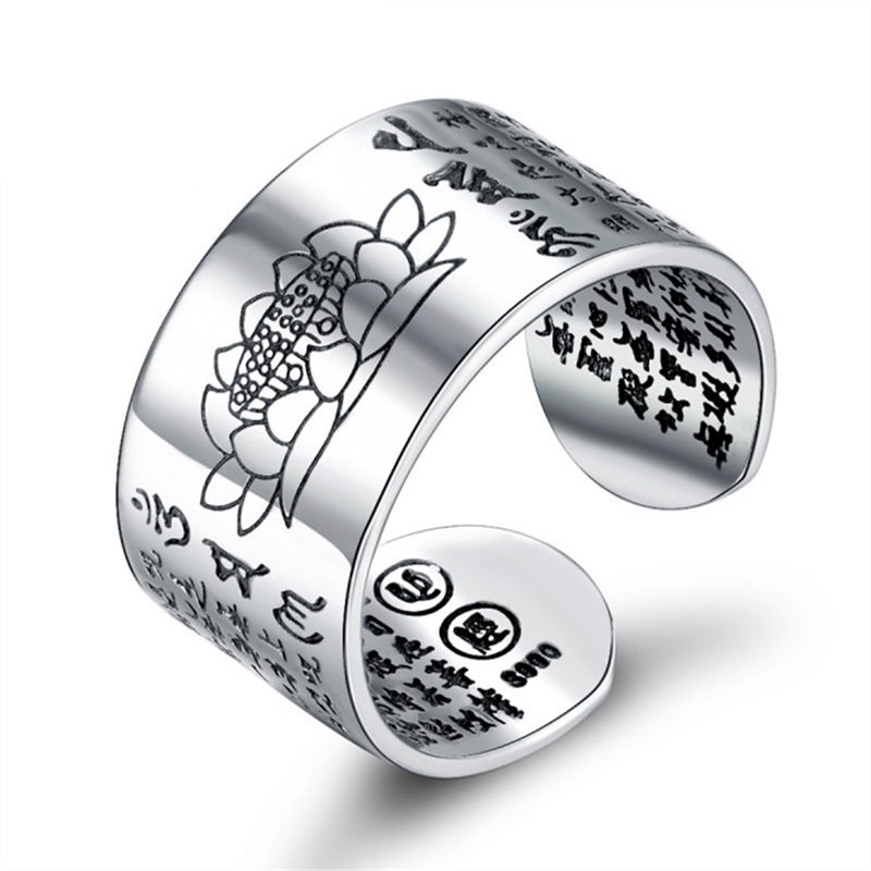 Six-character heart sutra lotus ring wide ring for men and women retro Thai silver ethnic open ring