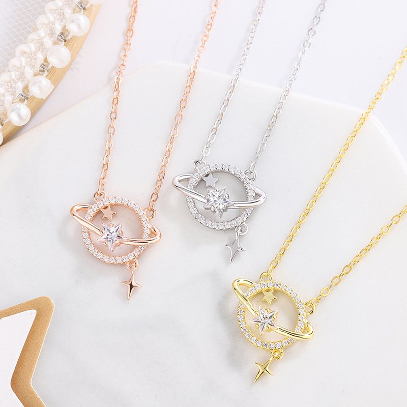 New s999 sterling silver saturn necklace female simple dream starry student clavicle chain Christmas gift