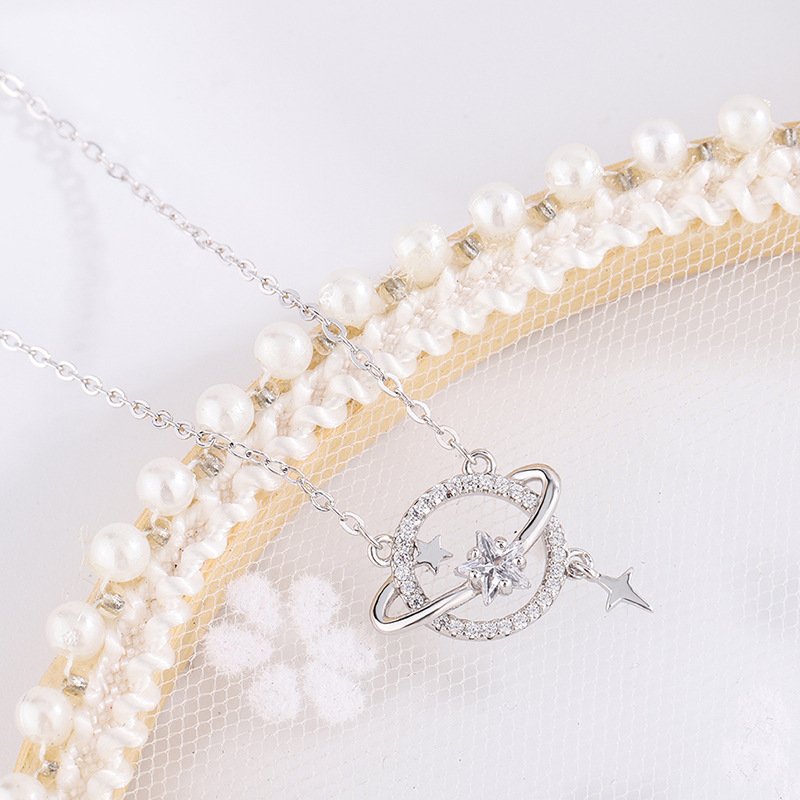 New s999 sterling silver saturn necklace female simple dream starry student clavicle chain Christmas gift