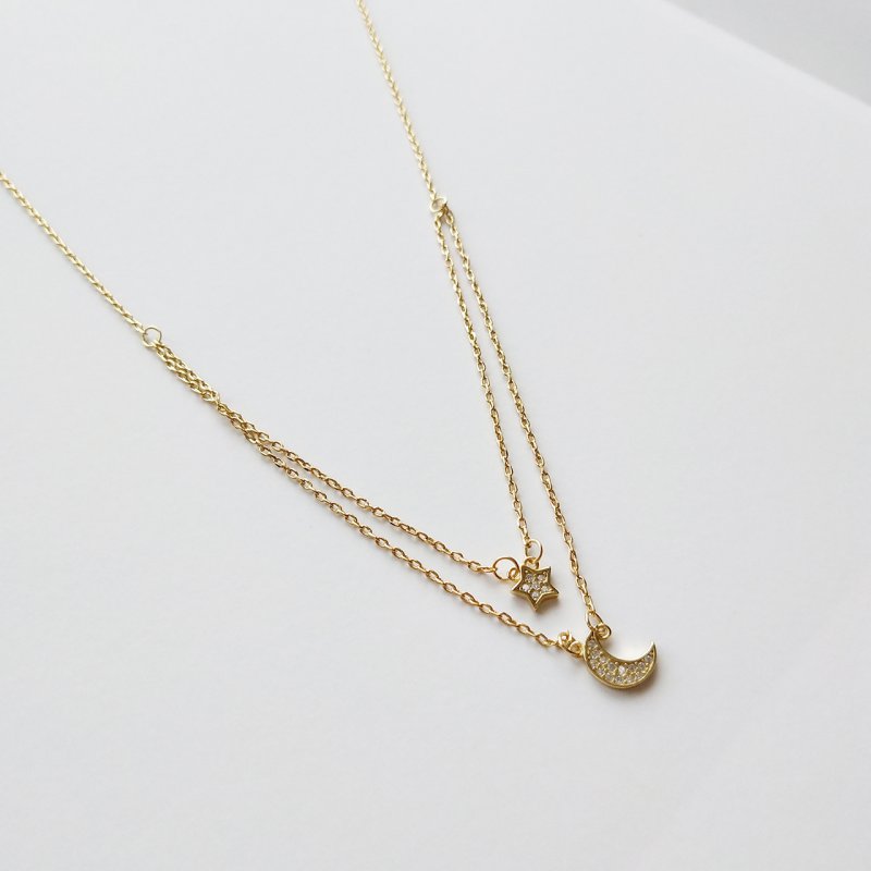 Double Star Moon 925 Silver Necklace Girl Heart Clavicle Chain Simple Forest Pendant Star Moon Wild Necklace