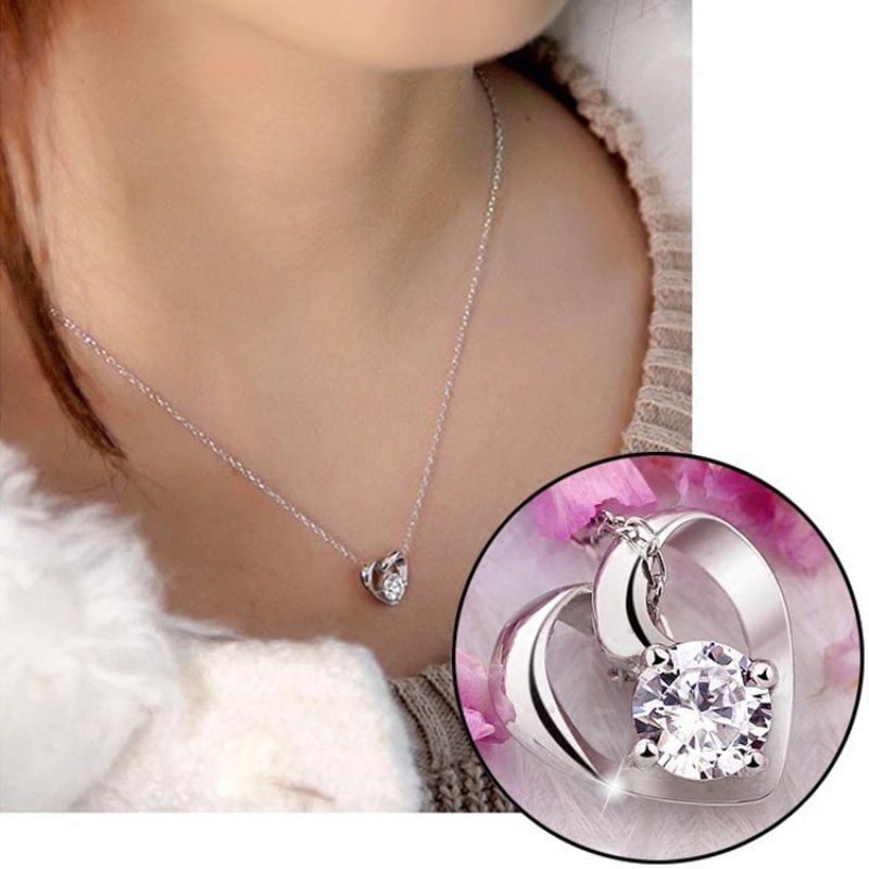 Silver Love Heart Pendant Beautiful Heart Female Model Simple Heart Shaped Purple Diamond Heart Curve Pendant Crystal Necklace