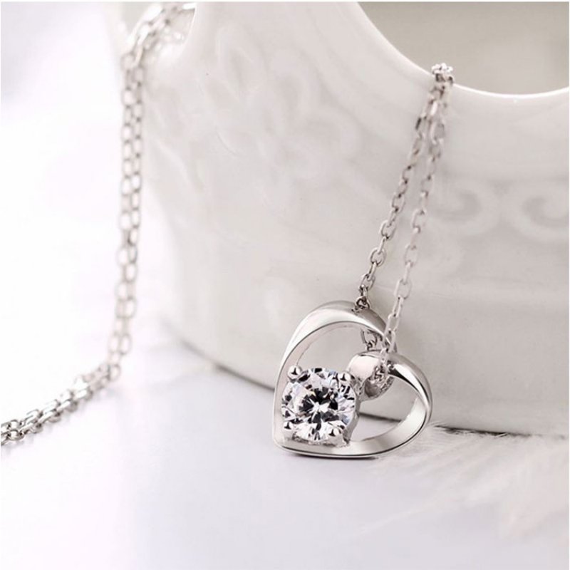 Silver Love Heart Pendant Beautiful Heart Female Model Simple Heart Shaped Purple Diamond Heart Curve Pendant Crystal Necklace