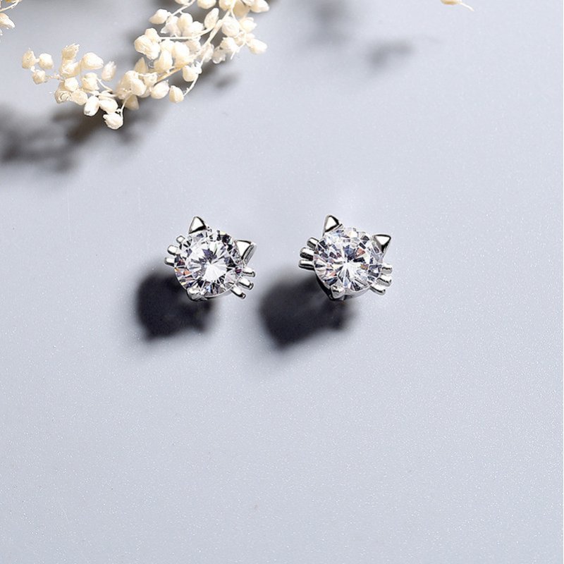 Japanese kitten silver needle earrings cute small animal earrings female sweet diamond earrings