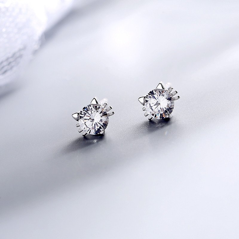 Japanese kitten silver needle earrings cute small animal earrings female sweet diamond earrings