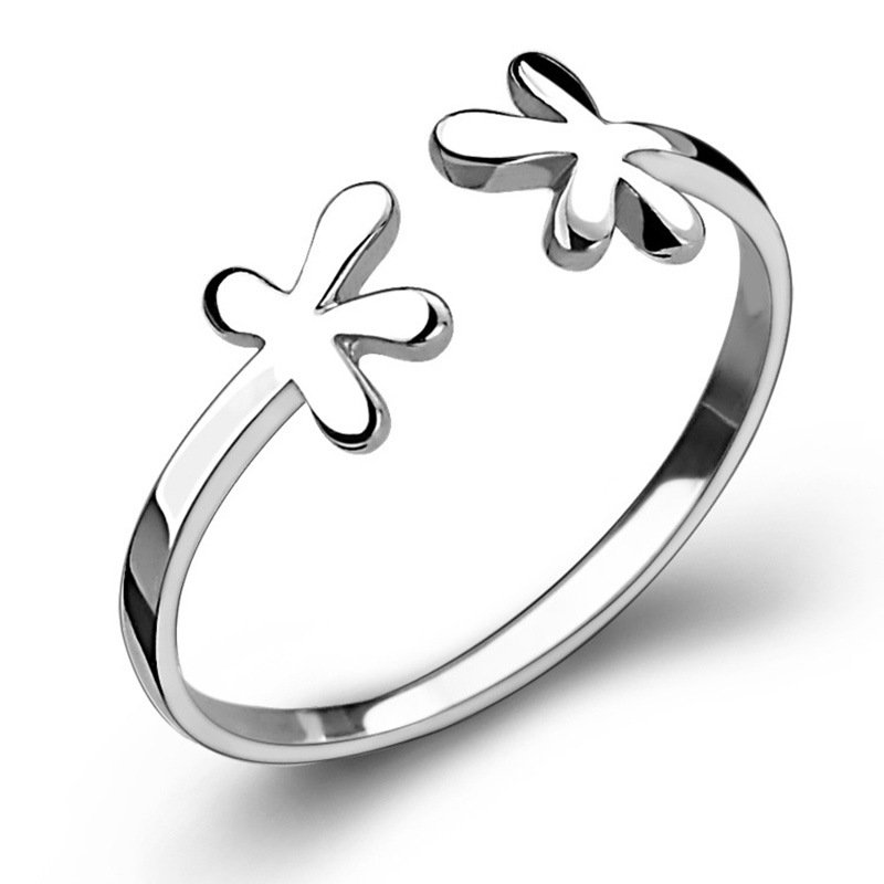 Small fresh 925 silver jewelry ring simple opening adjustable flower tail ring four-leaf clover ring female