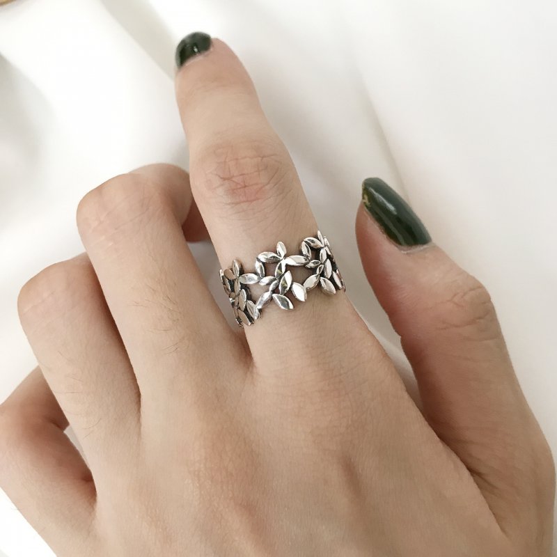 S925 sterling silver vintage leaf sterling silver smooth open ring ring