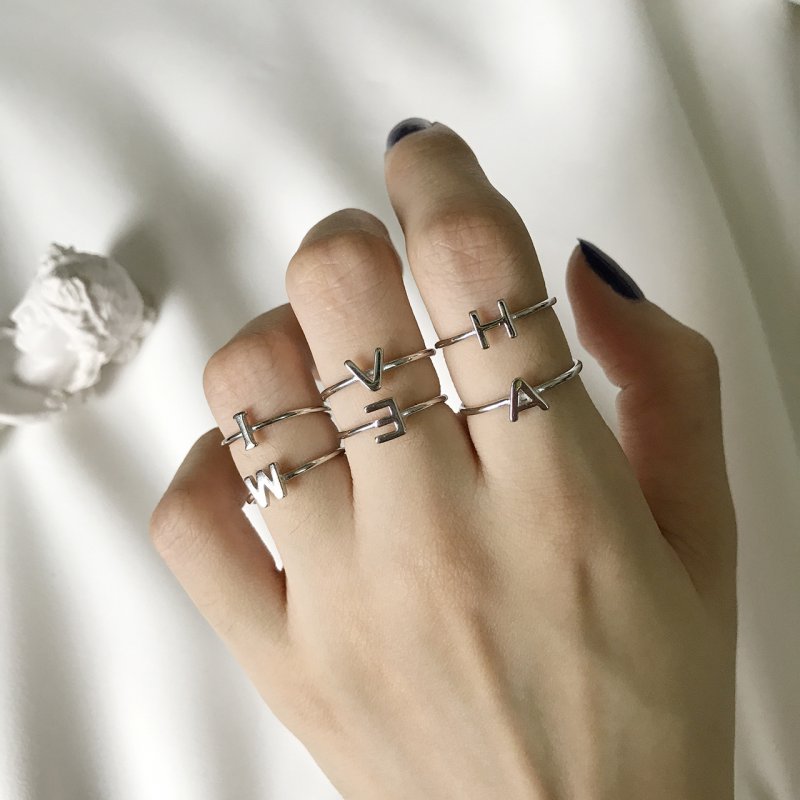 English letter ring original design 925 sterling silver ring female pure hand-wound ring tail ring