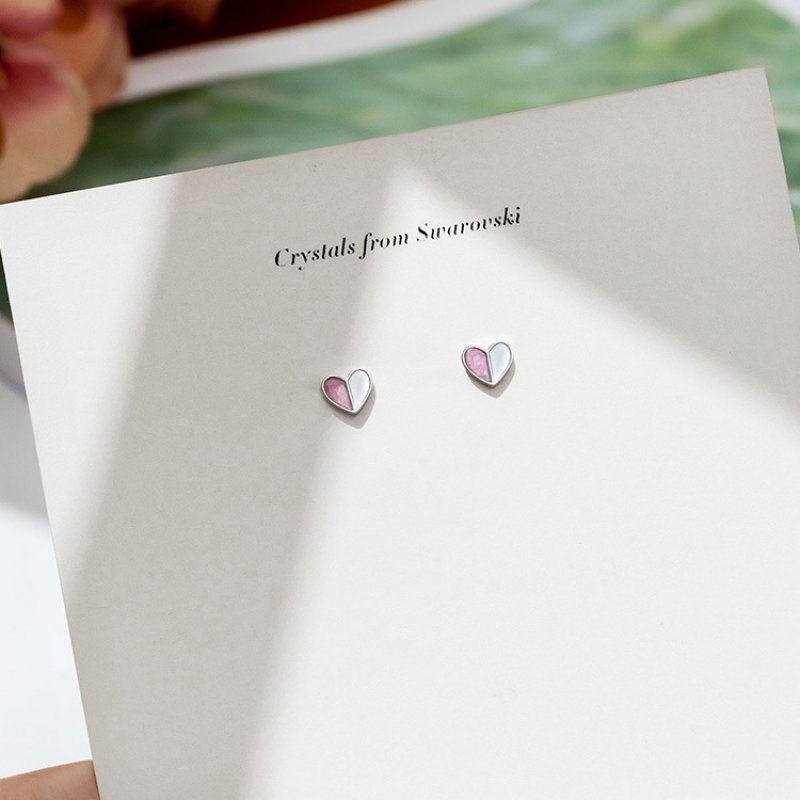 New Heart-shaped Silver Needle Stud Earrings Small and Simple Girl Heart Stud Earrings Handmade Epoxy Double Color Earrings