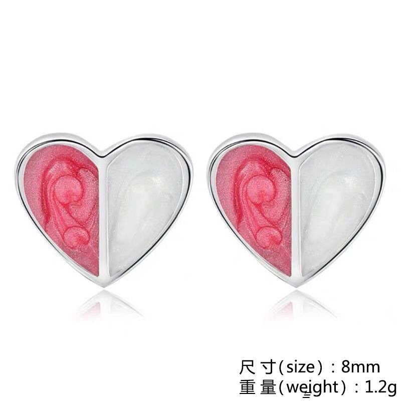 New Heart-shaped Silver Needle Stud Earrings Small and Simple Girl Heart Stud Earrings Handmade Epoxy Double Color Earrings